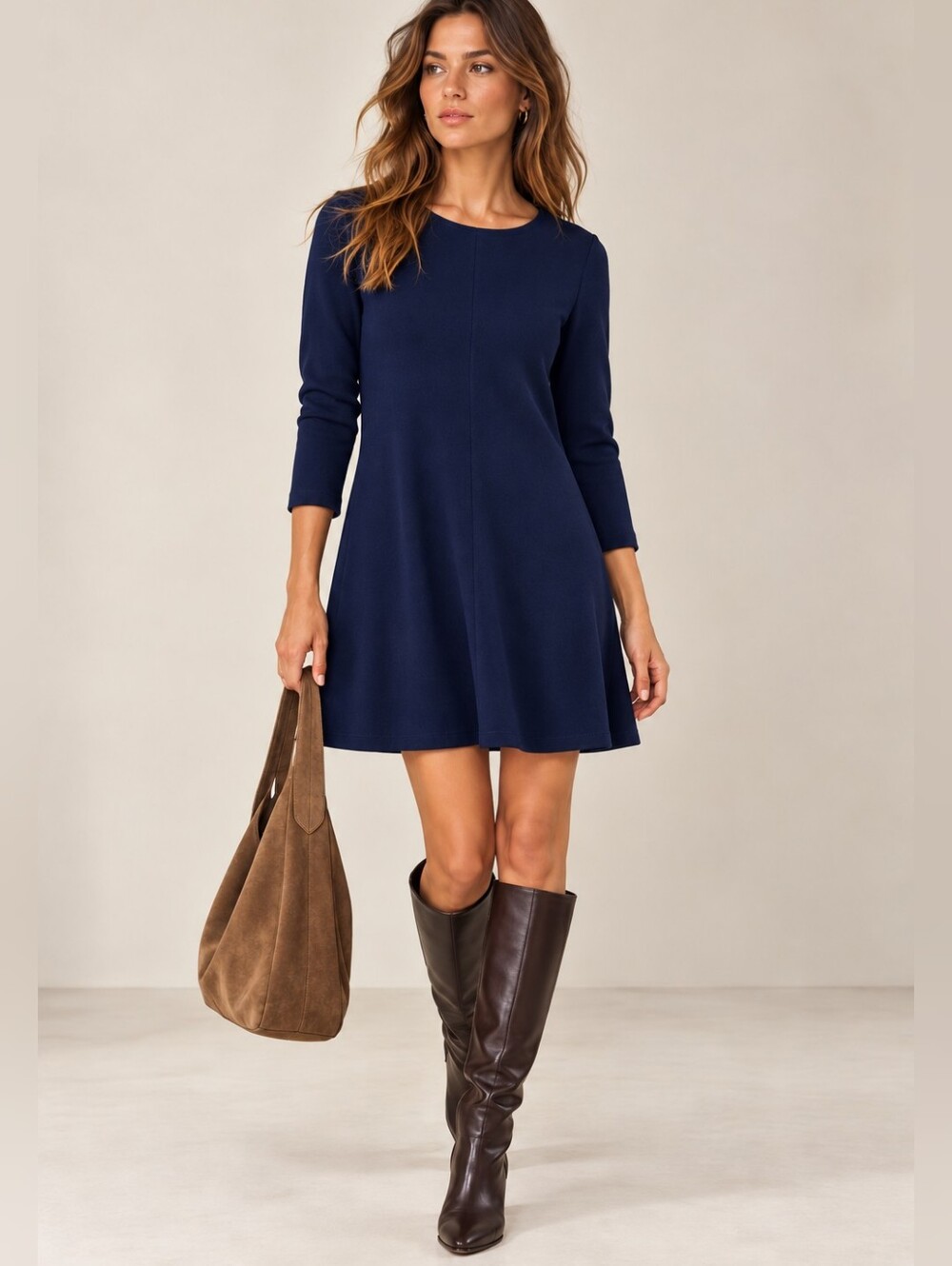 LISA PERRY Pure Wool Navy Blue Seamed Swing Dress 3/4 Sleeve Size 12